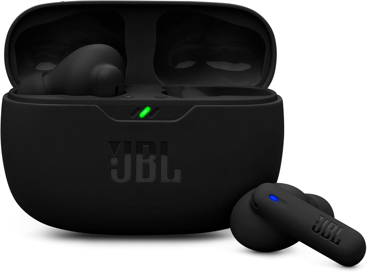 JBL Wave Beam 2 Earbuds; Representative same-model-family image. Black JBL Wave Beam 2 earbuds and open charging case; not Wave Beam first generation or Vibe Beam. Owner colour is unspecified; supplied finish and accessories confirmed on quotation.