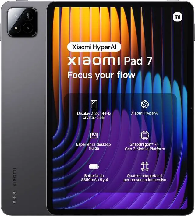 Xiaomi Pad 7 256GB / 8GB; Representative same-model-family image. Gray base Pad 7; original Italian promotional wording retained. No Pad 7 Pro or Ultra substitution. RAM, storage and software are not established by the photograph.