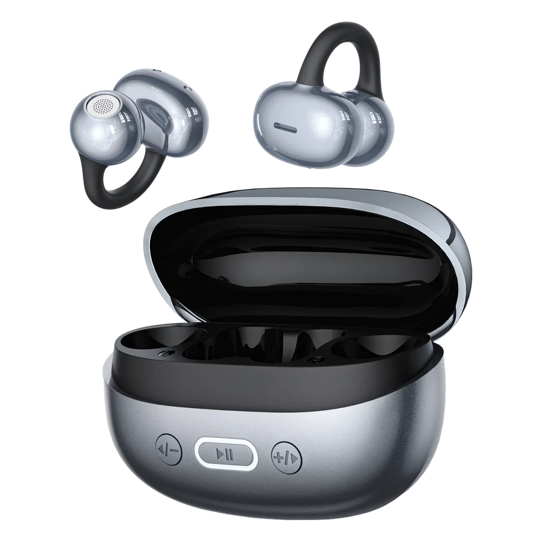 Porodo Soundtec Inova Open-Ear Earbuds; Representative same-model-family image. INOVA earhook earbuds and control-button case in silver/black. Owner clip-on wording is retained; manufacturer calls the form ear hooks. Exact finish confirmed on quotation.