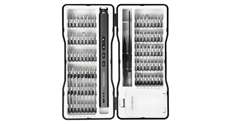 Porodo Techfix 97-in-1 Electric Screwdriver Kit; Representative same-model-family image. TechFix electric screwdriver and folding bit kit in black, with original Porodo branding preserved. Individual bit count and supplied accessories confirmed on quotation.