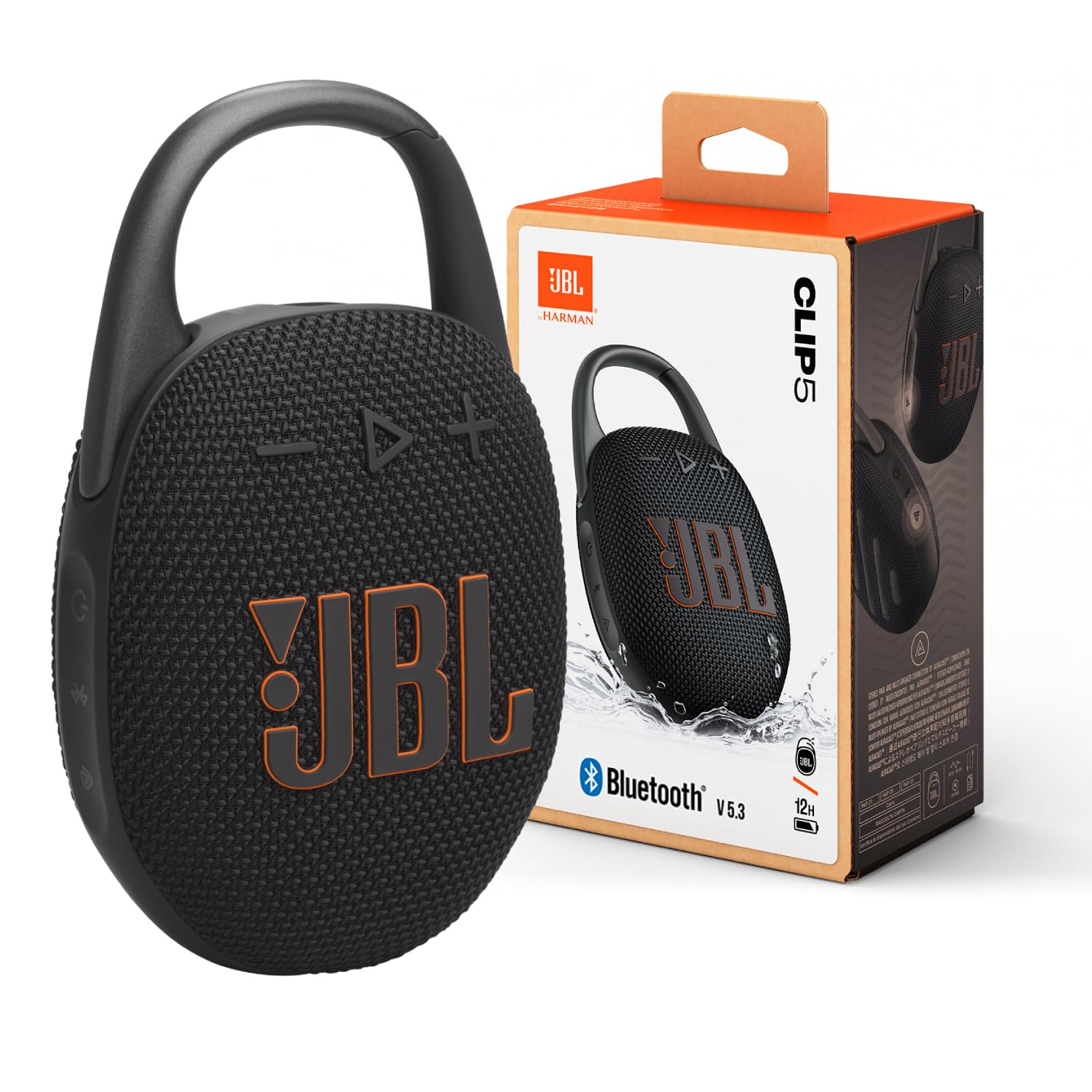 JBL Clip 5 Bluetooth Speaker; Representative same-model-family image. Black Clip 5 speaker with its clearly labelled Clip 5 retail box. Supplied colour and packaging confirmed on quotation.