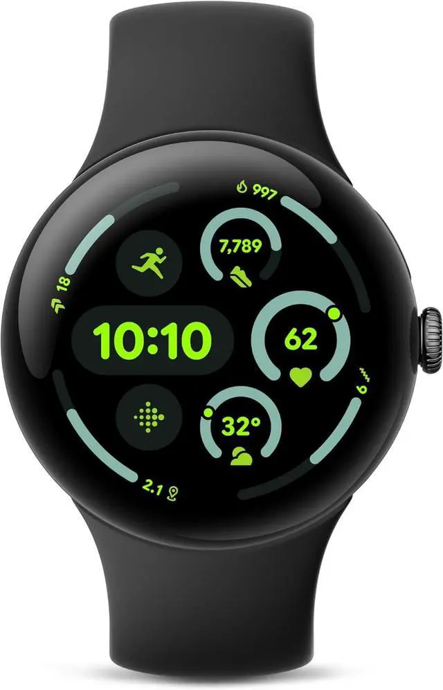 Google Pixel Watch 3 45mm; Representative same-model-family image. Pixel Watch 3 45mm matte black case with Obsidian band, as identified by the retailer. Cellular option and supplied band are not established by the image.