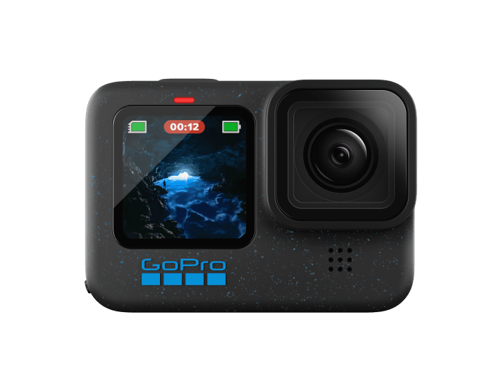 GoPro Hero 12 Black; Representative same-model-family image. HERO12 Black front view with the distinctive speckled finish. Battery, memory card and accessory bundle are not established by this product-family image.