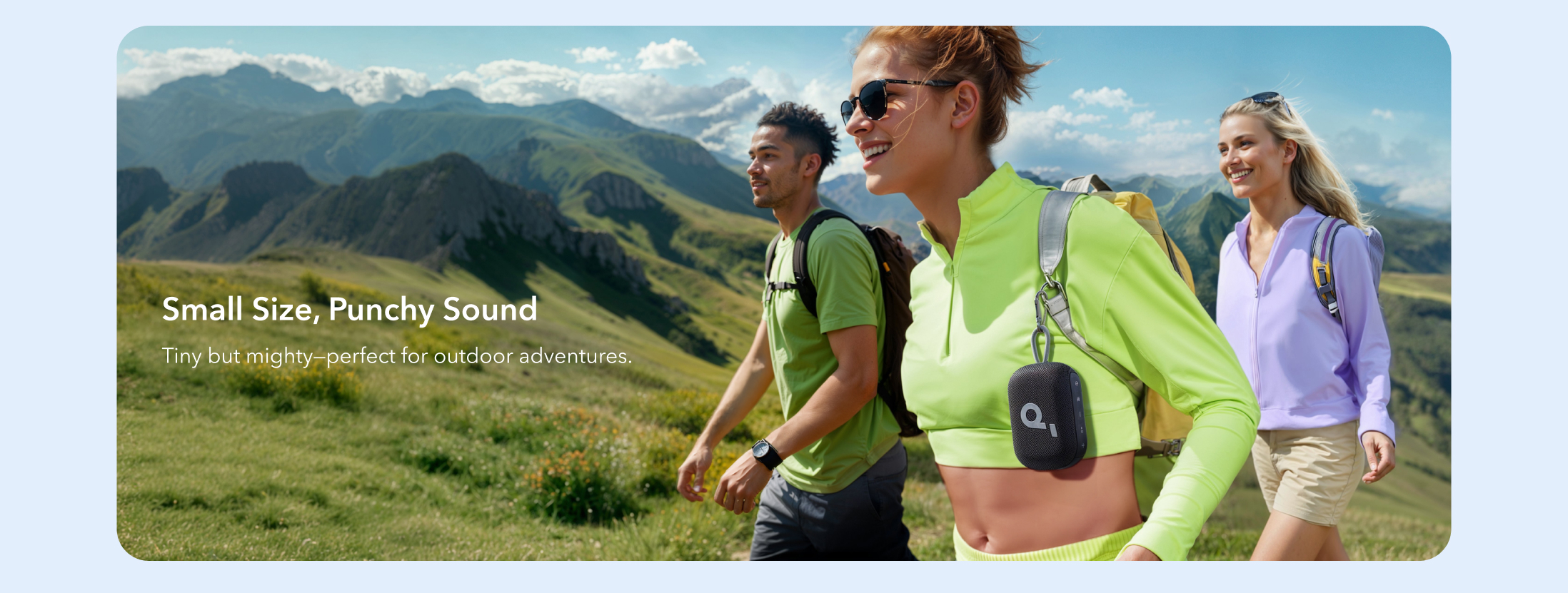 Anker Soundcore Select 4 Go; Representative same-model-family image. Original Select 4 Go lifestyle image shows the black speaker attached to a backpack. Promotional text is retained; supplied colour and accessories confirmed on quotation.