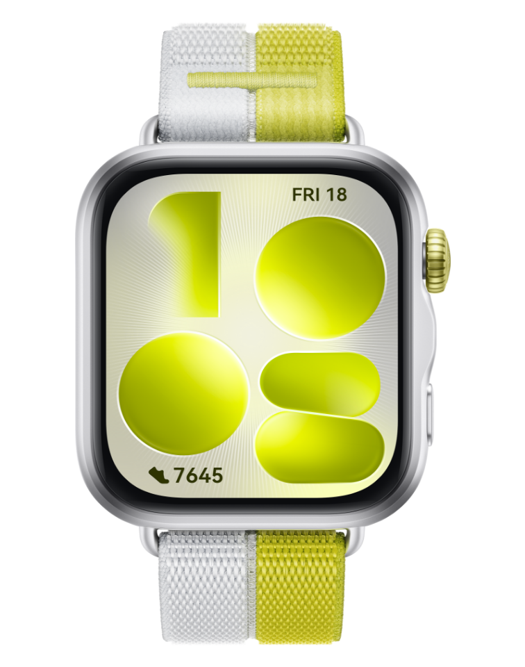 Huawei Watch Fit 5; Representative same-model-family image. Watch Fit 5 silver case and white/yellow fabric strap from the official family page. Owner colour/strap not specified; supplied finish and strap confirmed on quotation.