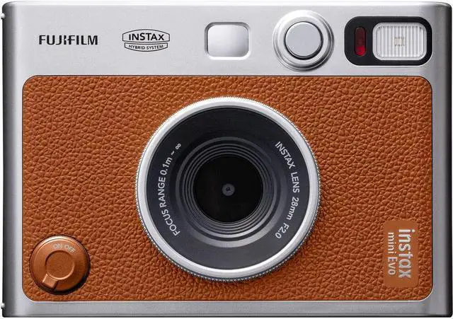 Fujifilm Instax Mini Evo USB-C Brown; Representative same-model-family image. Brown Instax mini Evo physical model. Front view does not prove the charging port; owner USB-C wording remains unchanged and supplied revision confirmed on quotation. No retailer bundle extras are inferred.
