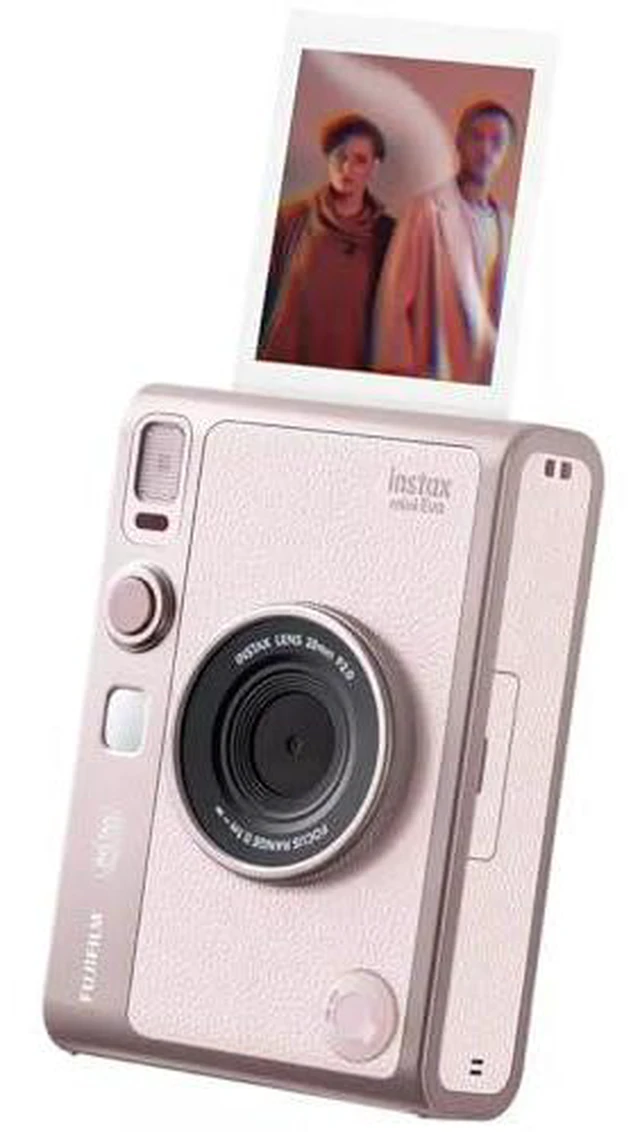 Fujifilm Instax Mini Evo USB-C Pink; Representative same-model-family image. Gentle Rose/Pink Instax mini Evo with an example print. Printing example and framing do not establish included film. Owner USB-C wording unchanged; supplied charging revision and colour confirmed on quotation.