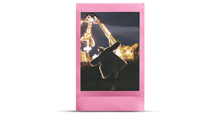 Fujifilm Instax Mini Film Colored Borders Pink Lemonade; Exact named film-design illustration. Manufacturer example print of the Pink Lemonade Instax mini film border. The sample photograph illustrates the film border, not a supplied print or retail pack; film count and packaging confirmed on quotation.