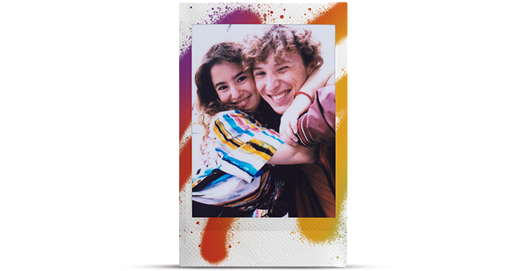 Fujifilm Instax Mini Film Colored Borders Spray Art; Exact named film-design illustration. Manufacturer example print of the Spray Art Instax mini film border. The sample photograph illustrates the film border, not a supplied print or retail pack; film count and packaging confirmed on quotation.