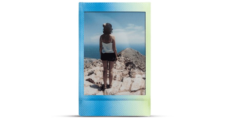 Fujifilm Instax Mini Film Colored Borders Macaron; Exact named film-design illustration. Manufacturer example print of the Macaron Instax mini film border. The sample photograph illustrates the film border, not a supplied print or retail pack; film count and packaging confirmed on quotation.