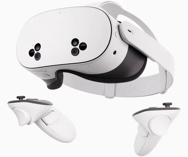 Meta Quest 3S 128GB; Representative same-model-family image. Quest 3S headset and controllers; not Quest 3. Capacity and included games/trials are not established by imagery. EMOS offer remains 128GB.