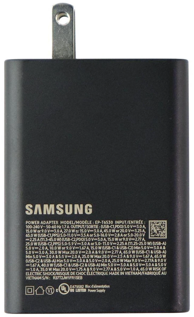 Samsung 65W PD Power Adapter Trio; Representative same-model-family image. Original EP-T6530 65W Trio adapter markings and US plug retained. Image is a regional model-family reference; supplied plug region and simultaneous output allocation confirmed on quotation.