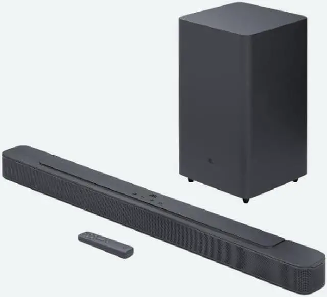 JBL Bar 2.1 Deep Bass MK2; Representative same-model-family image. Bar 2.1 Deep Bass MK2 soundbar, subwoofer and remote. Supplied regional cable/plug and accessories confirmed on quotation.