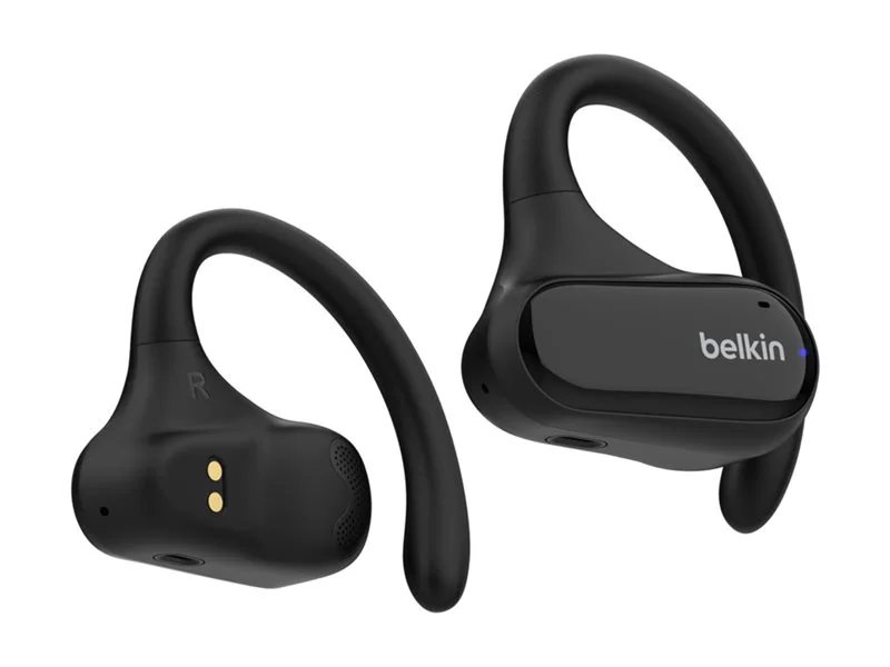 Anker Soundcore V30i; Representative Belkin SoundForm ClearFit open-ear earhook hardware, not the Anker Soundcore V30i. The image illustrates the open-ear earhook form only. Brand, supplied design, sound, battery, microphones, connectivity, colour and accessories are confirmed on quotation.