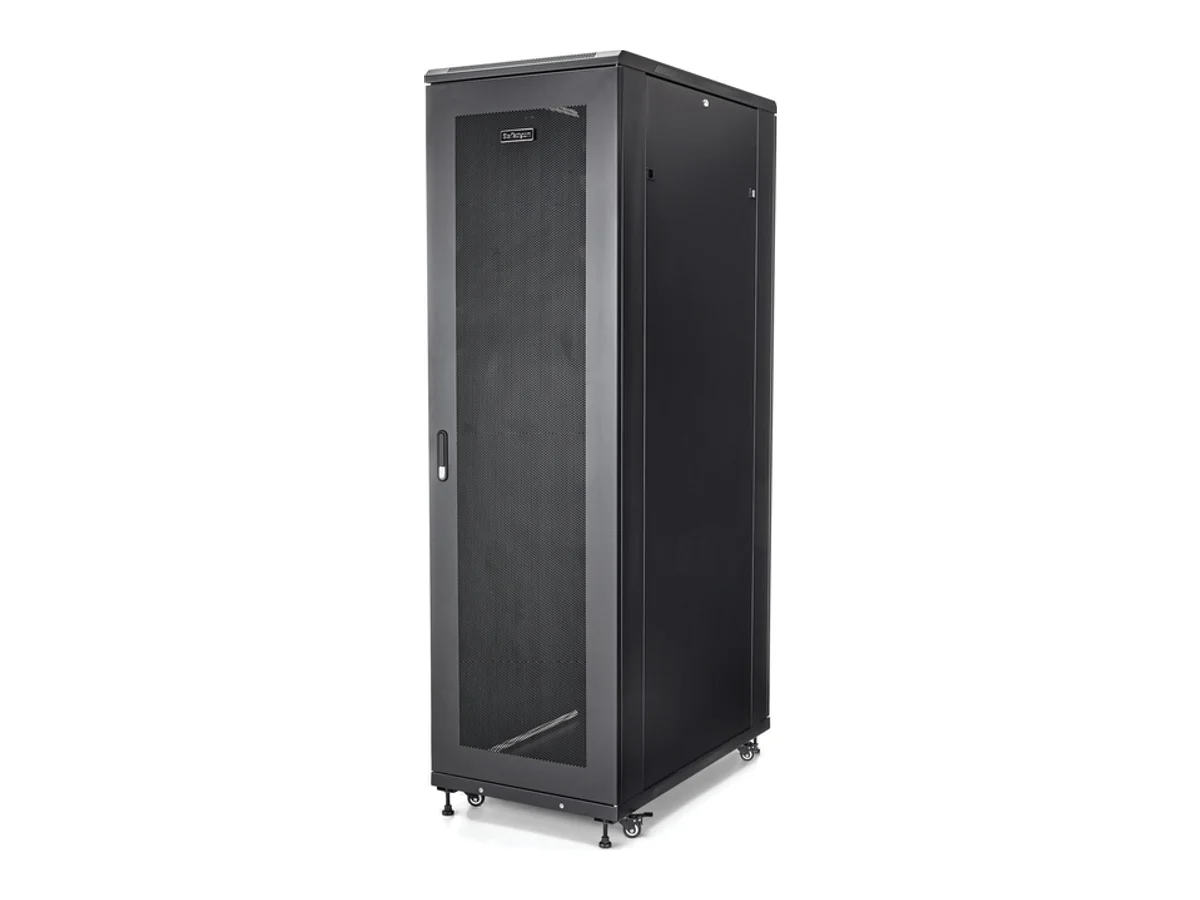 Floor-standing server rack cabinet with perforated door (generic image)