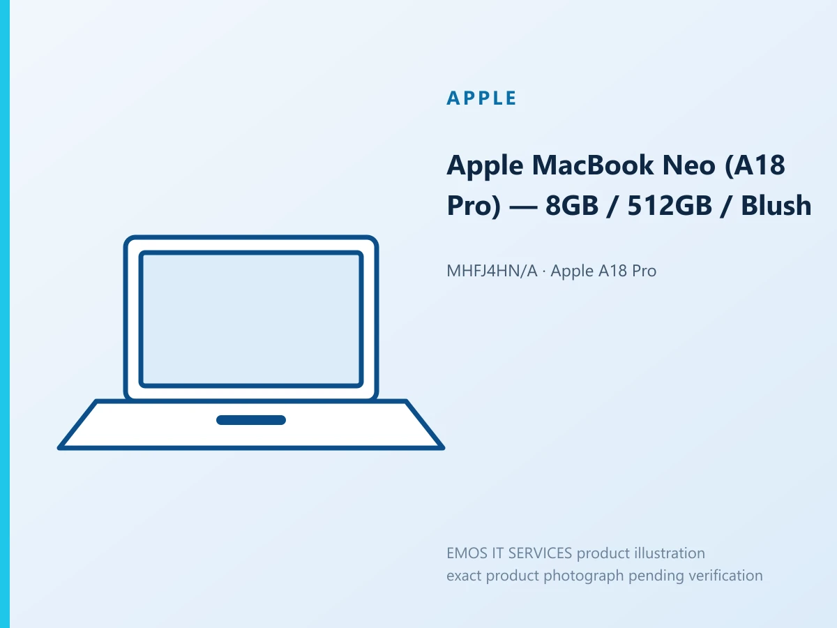 Apple MacBook Neo (A18 Pro) — 8GB / 512GB / Blush — EMOS IT SERVICES product illustration; exact product photograph pending verification