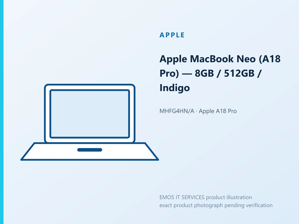 Apple MacBook Neo (A18 Pro) — 8GB / 512GB / Indigo — EMOS IT SERVICES product illustration; exact product photograph pending verification