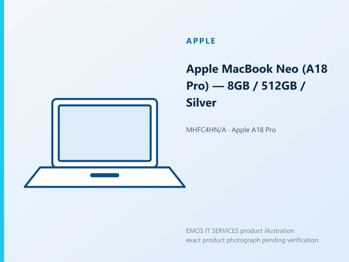 Apple MacBook Neo (A18 Pro) — 8GB / 512GB / Silver — EMOS IT SERVICES product illustration; exact product photograph pending verification