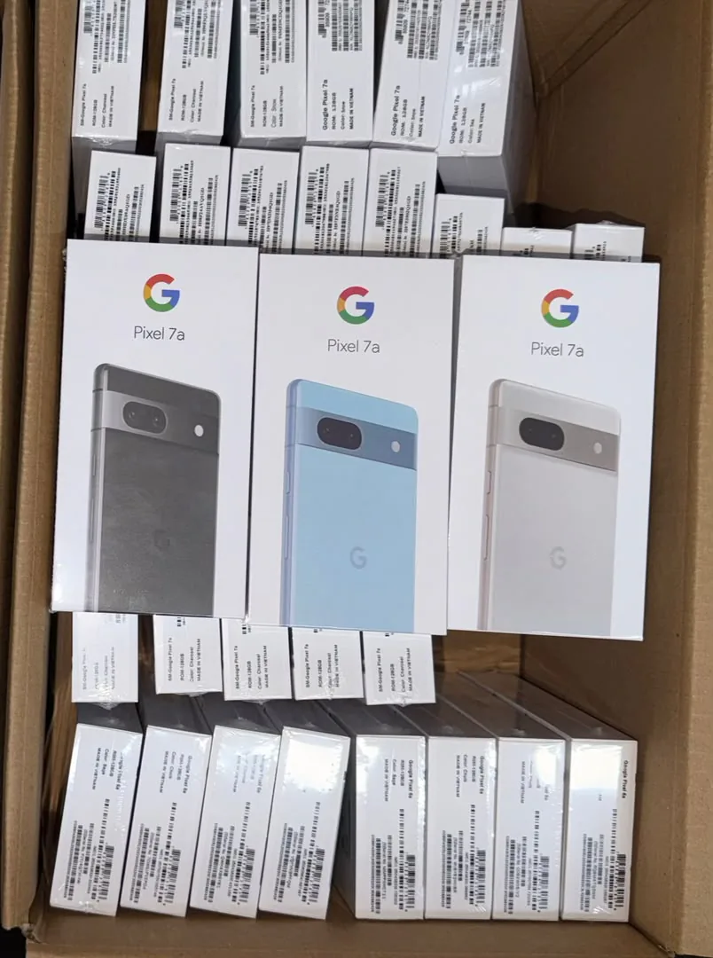Multiple boxed Google Pixel 7a phones in Owner-supplied supplier stock