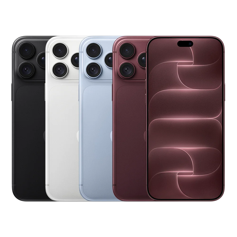 Apple iPhone 18 Pro Max official Apple image showing the Black, Silver, Glacier and Burgundy finishes