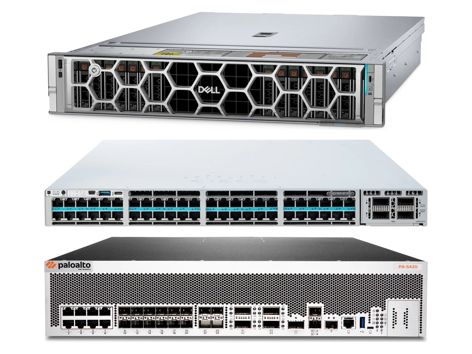 Dell PowerEdge R770 server, Cisco Catalyst 9300X switch and Palo Alto Networks PA-5420 firewall